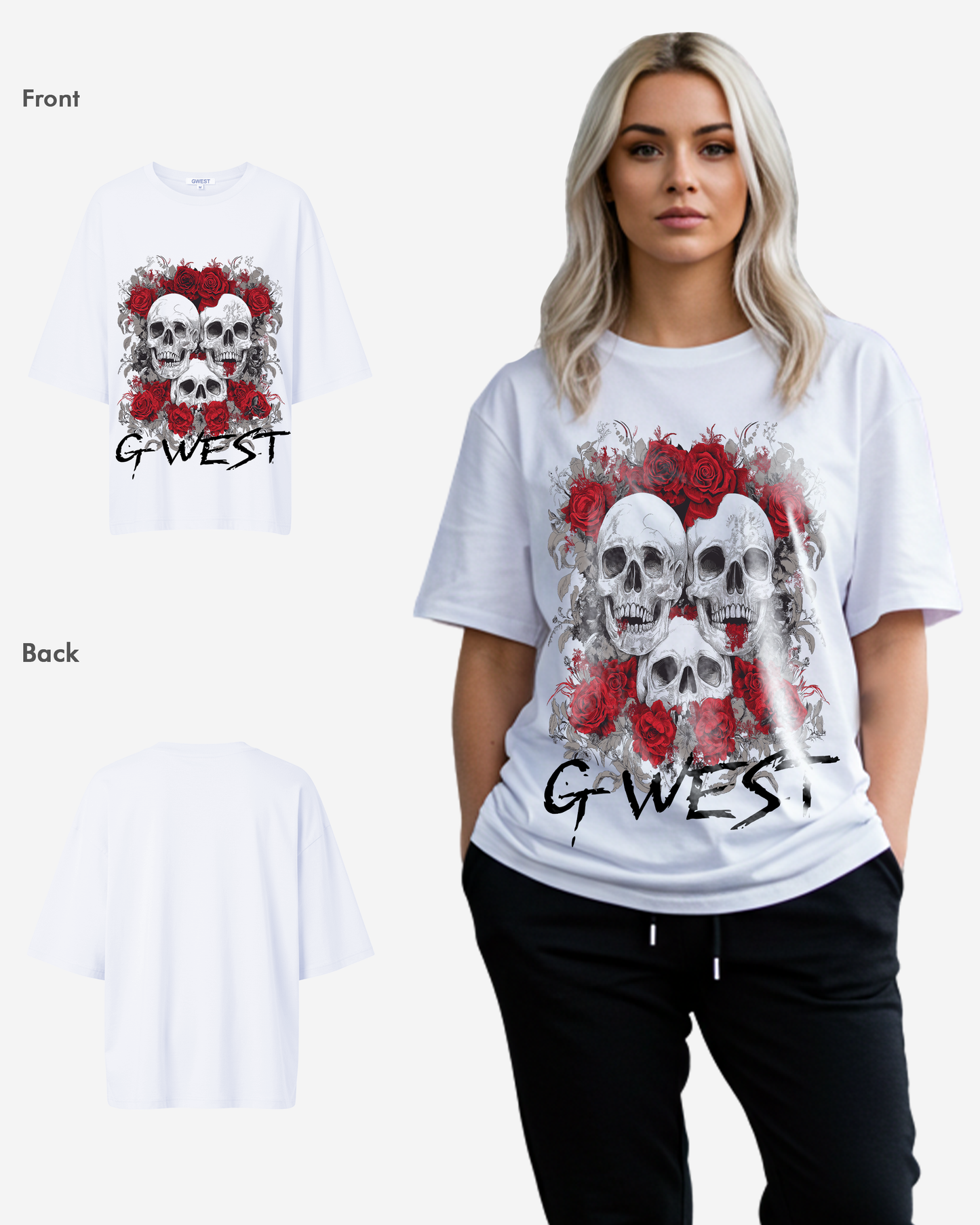 G West Womens Roses And Bones Oversized Tee