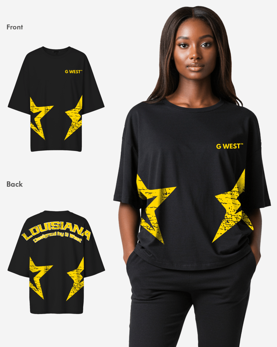 G West Womens Oversized Louisiana Arch Logo Black Tee